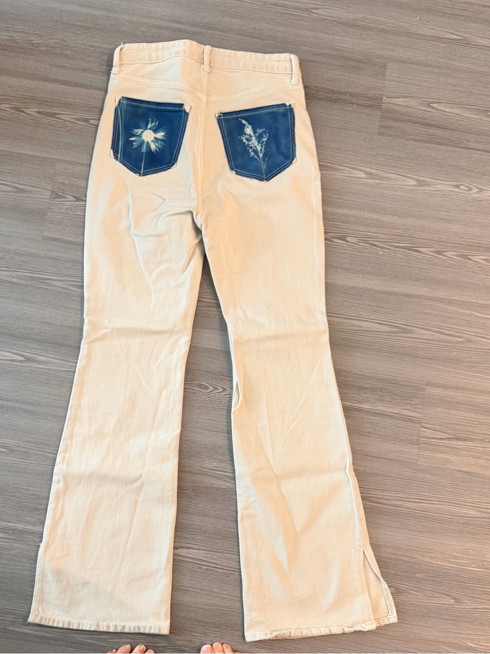 Beige Flare Jeans with dyed pockets handmade, one of a kind!!!